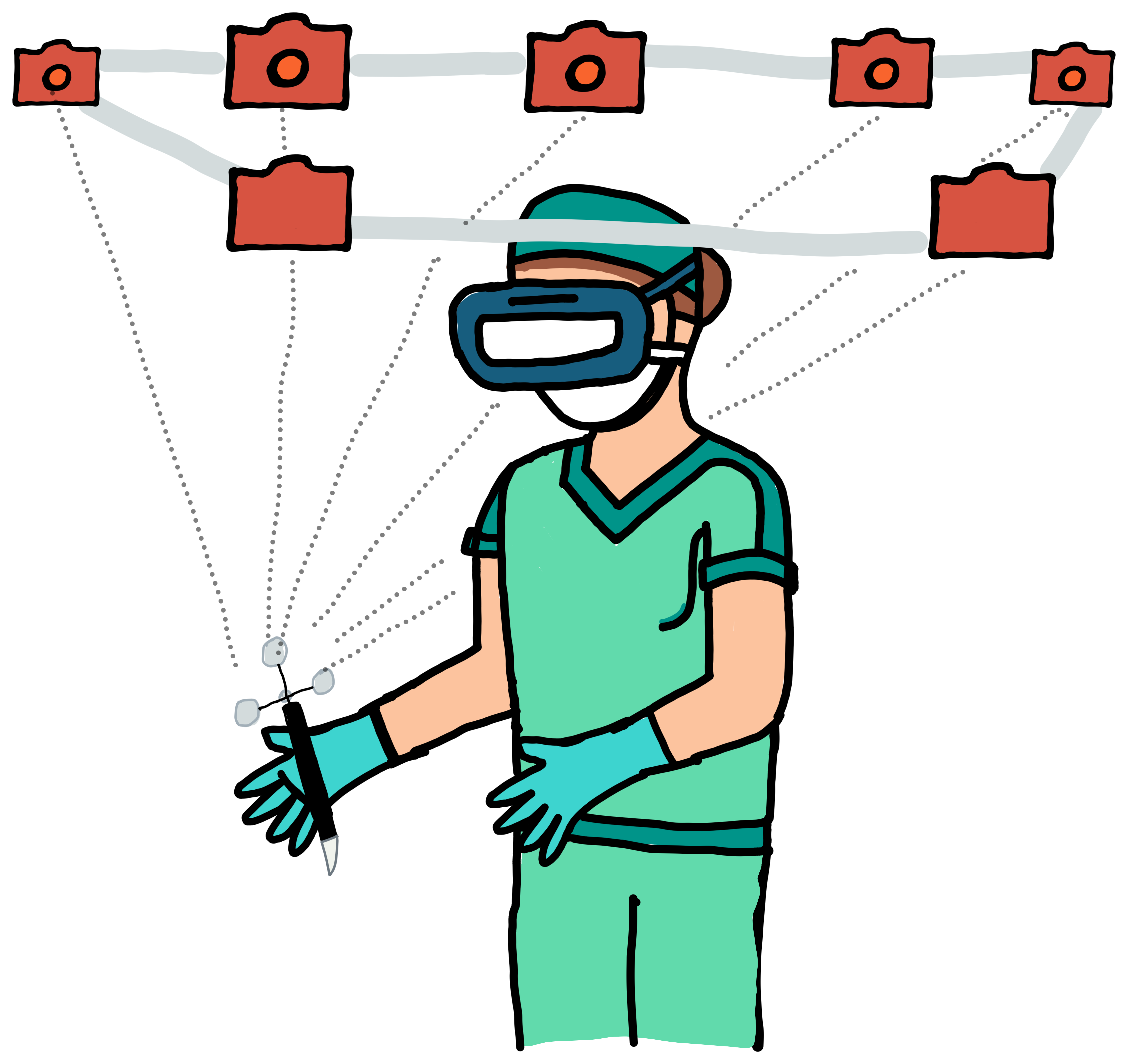 An illustration of the OptiTrack setup, where camera icons define the OptiTrack cameras. The graphic design of the surgeon holds onto an example tool that contains reflective trackers.