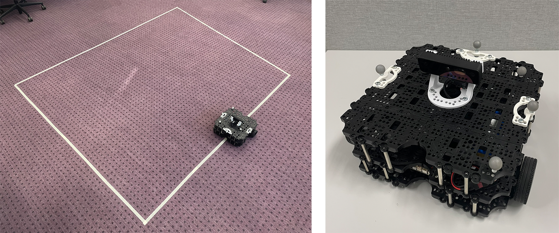 An overview of the setup. Left: The testing area with a predefined path marked on the floor, showing the user where to navigate the UGV. Right: The TurtleBot3 equipped with a custom 3D-printed camera mount and OAK-D Pro camera.