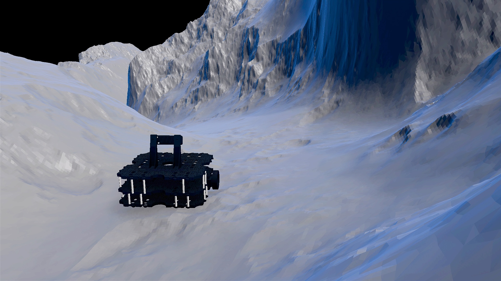 Simulated robot on a lunar-like terrain. Terrains were generated from displacement maps and used for both rendering and physics simulation.