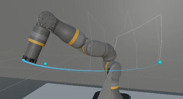 Realtime feedforward-visualisatie van het geprojecteerde robottraject via een vloeiende LineRenderer-curve.