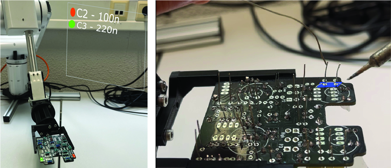 The left image envisions the Magic Leap 2 AR glasses guiding the user by displaying component identifiers and values. The right image envisions the user soldering a highlighted component on the PCB, with AR indicating the exact location and orientation of the component.